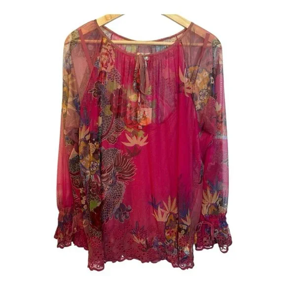 JOHNNY WAS Mazzy Floral Print Embroidered Mesh Large Split V-Neck Peasant Blouse - Picture 3 of 13